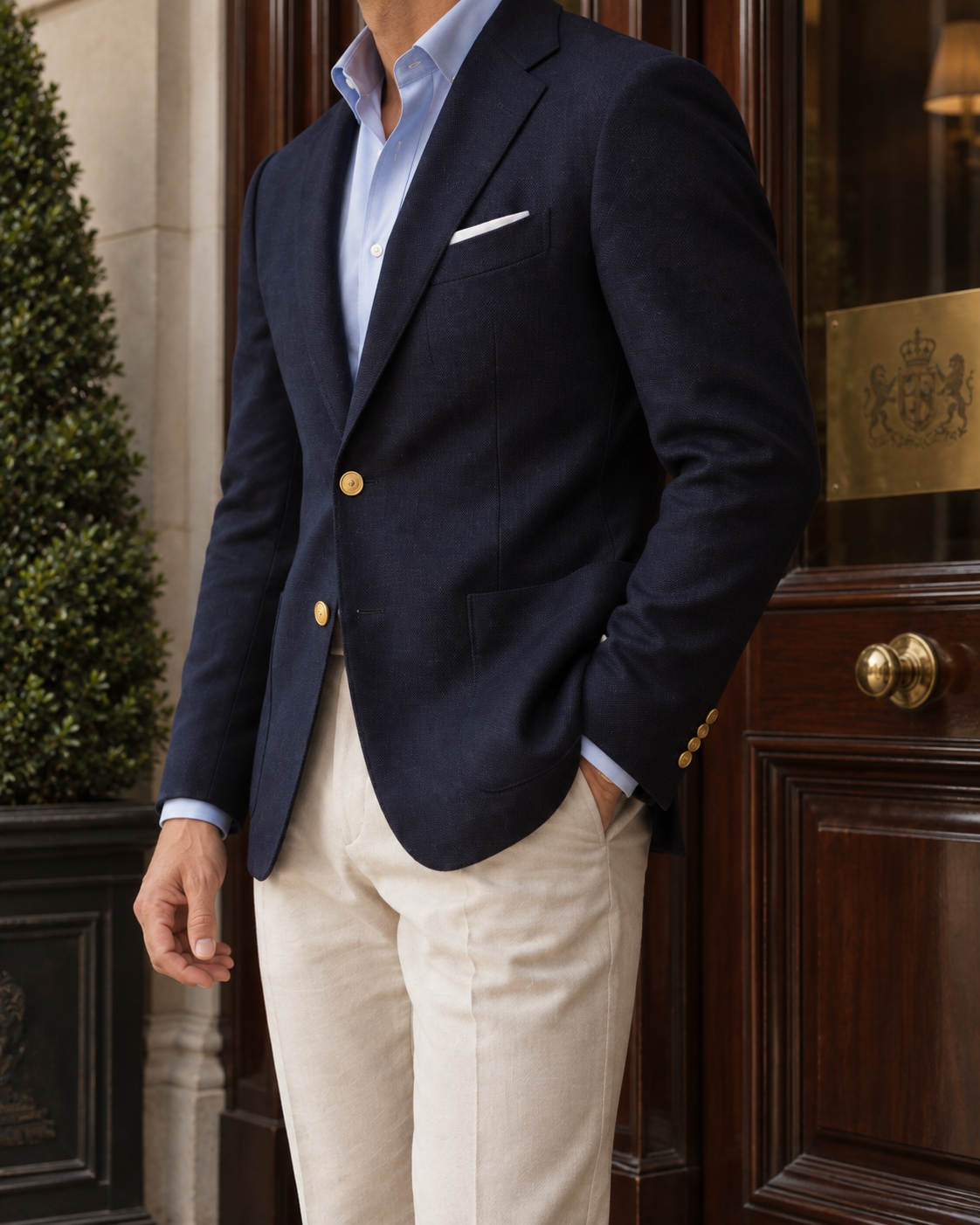 The Mayfair Navy Blazer — lifestyle view 3