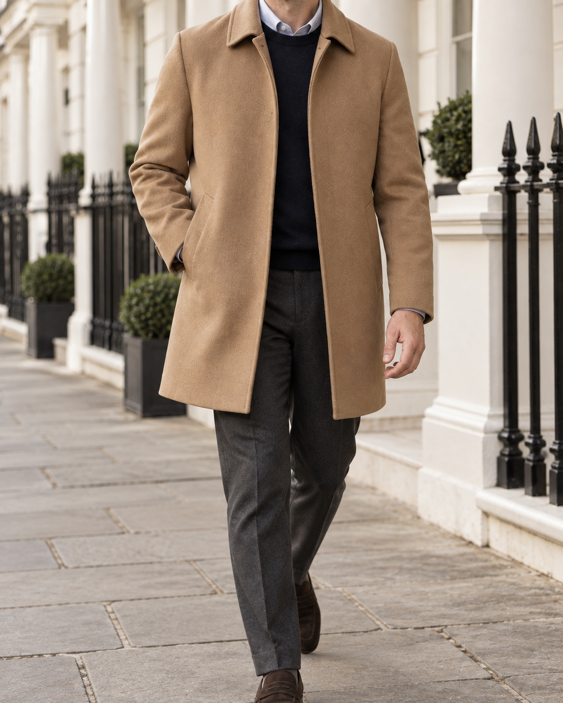 Chelsea Camel Car Coat — Outdoor view