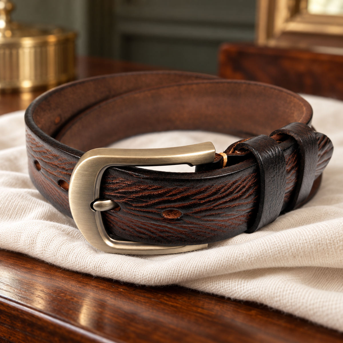 The Arundel dark brown belt, close-up of the brushed buckle, keeper and leather grain