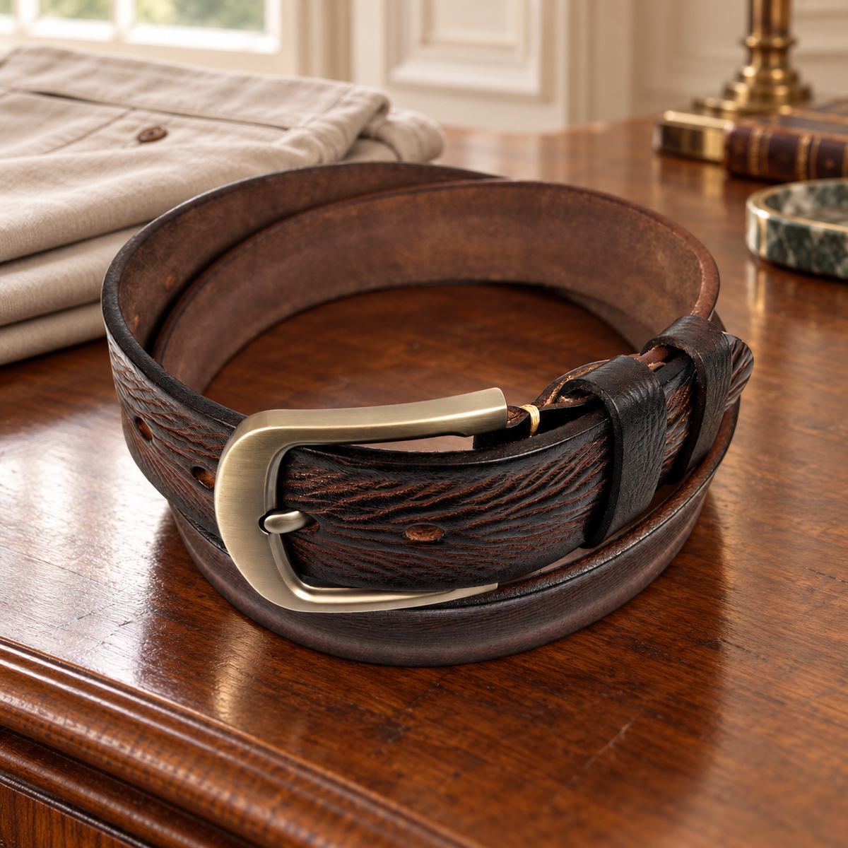 The Arundel Leather Belt in dark brown, with brushed antique brass-tone buckle in a classic dressing-room setting