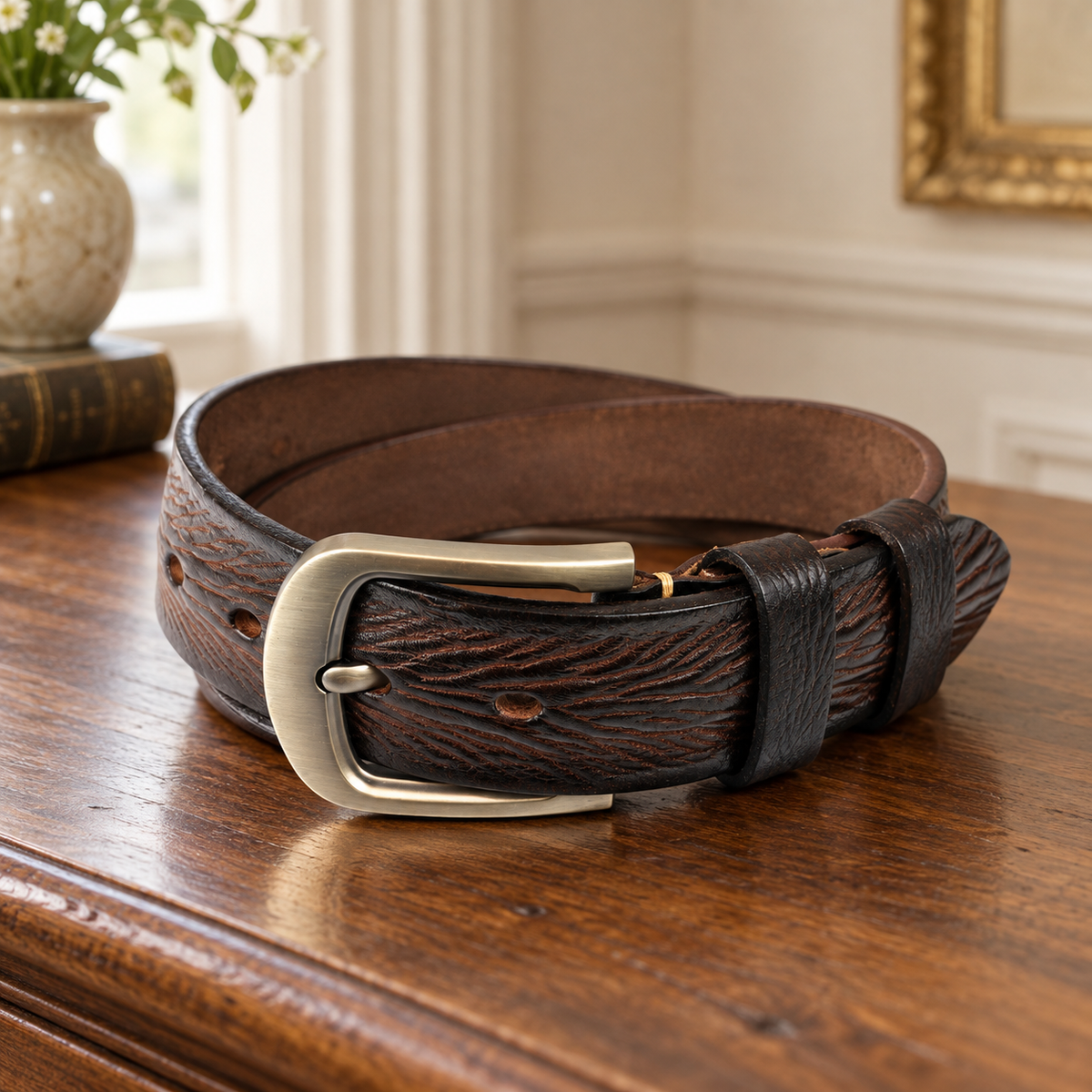 The Arundel dark brown leather belt, three-quarter view on a walnut dressing table
