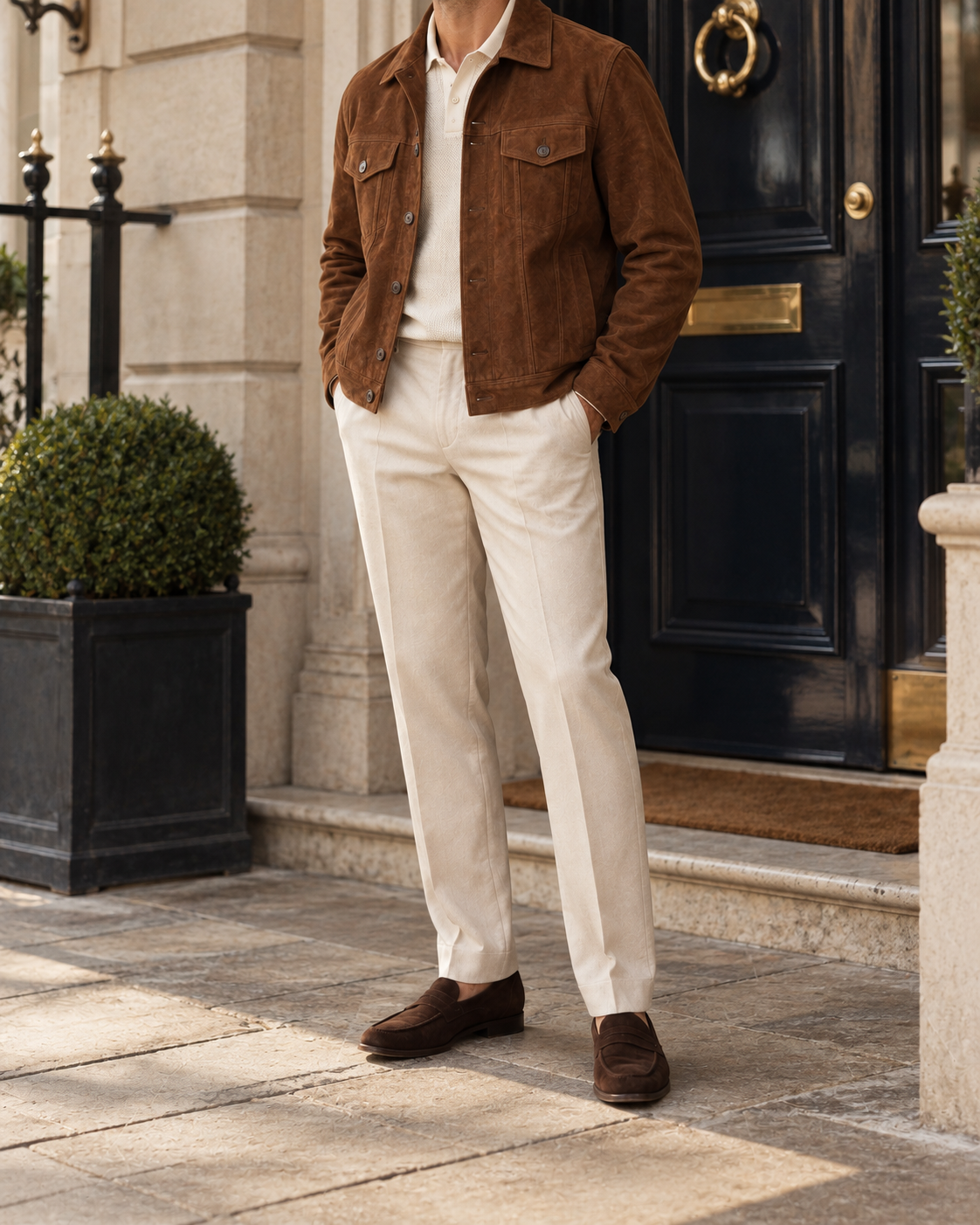 The Richmond Suede Trucker Jacket — Hotel setting