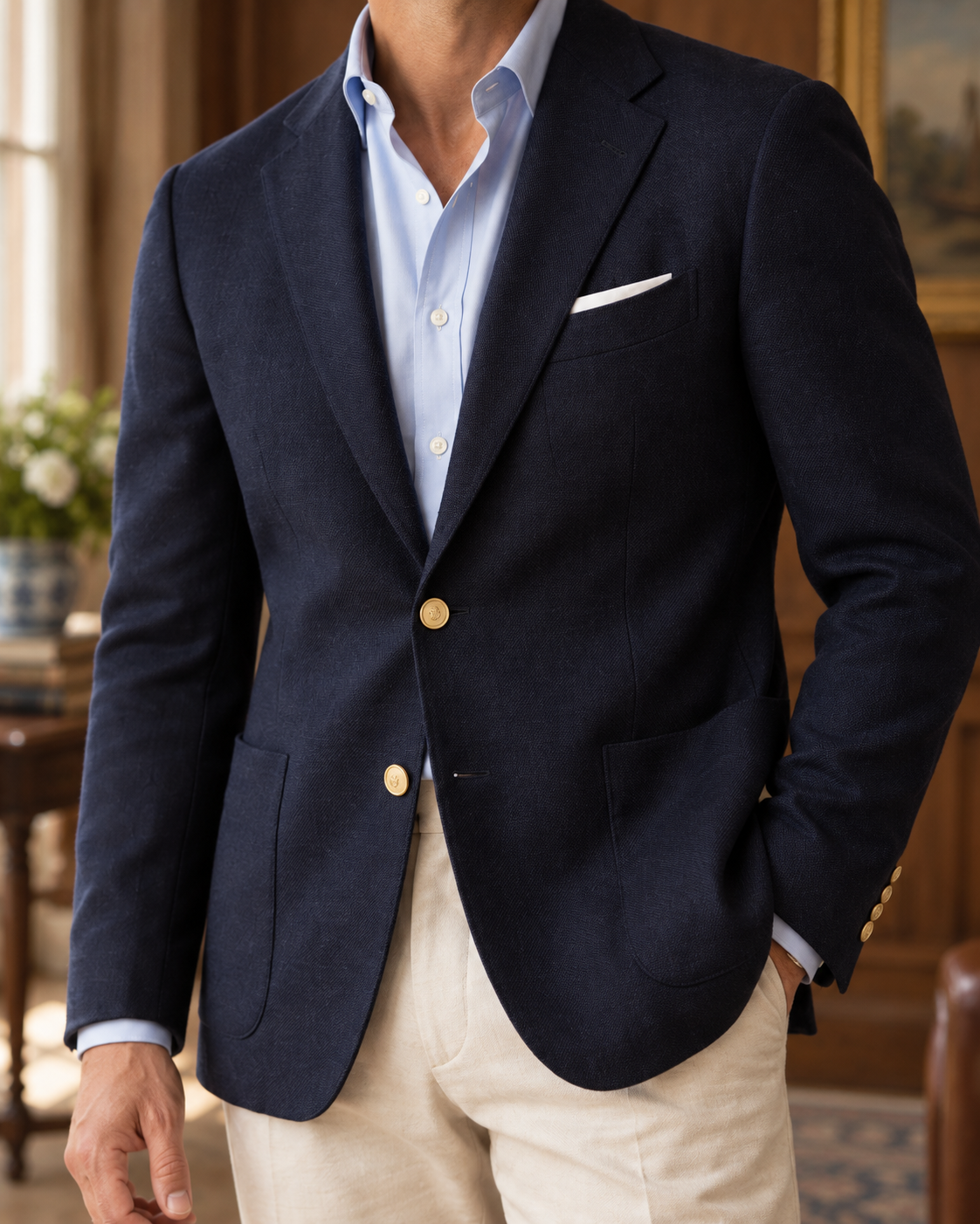 The Mayfair Navy Blazer — lifestyle view 4