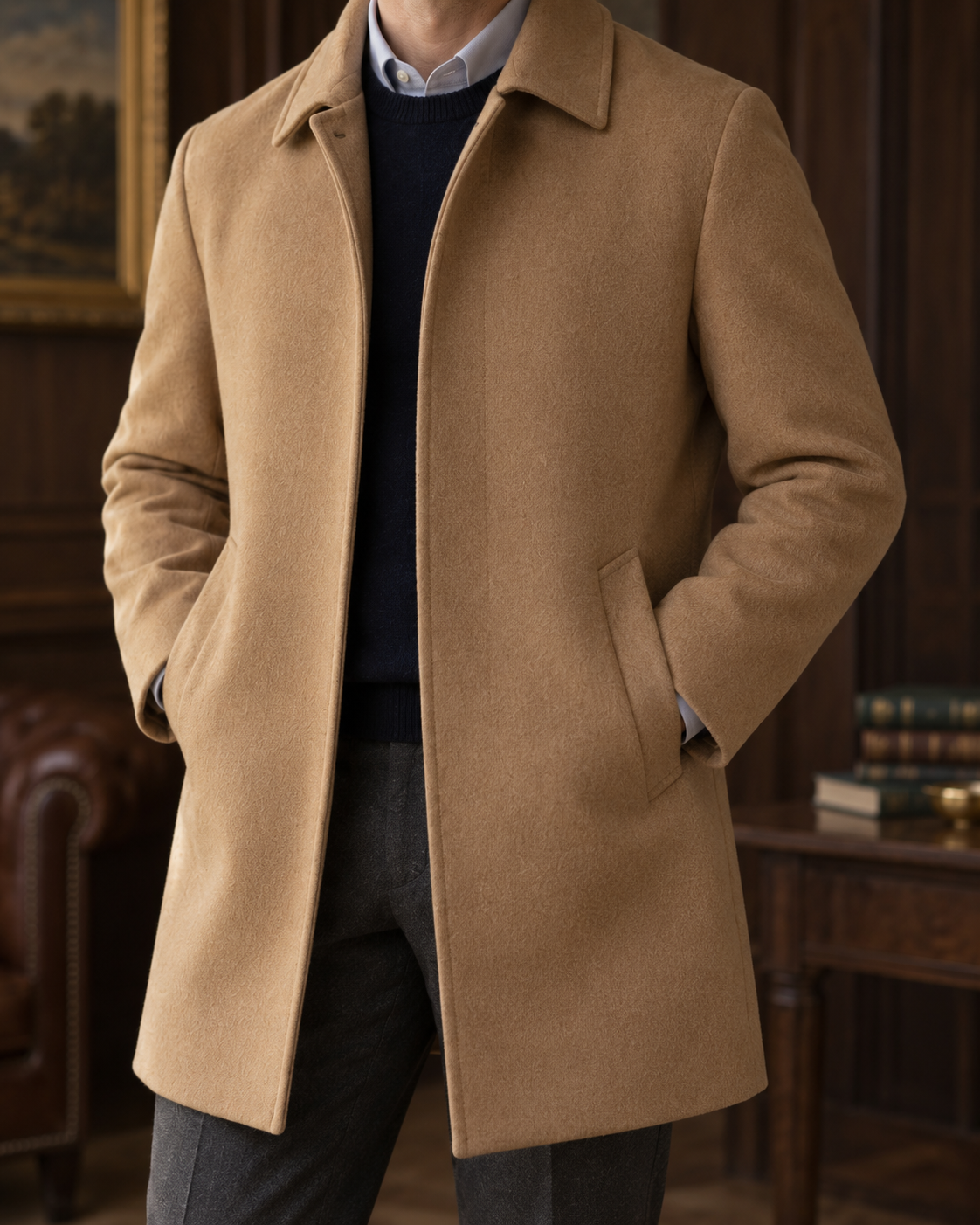 Chelsea Camel Car Coat — Fabric detail