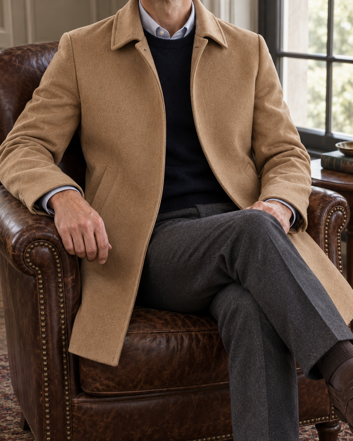 Chelsea Camel Car Coat — Seated styling