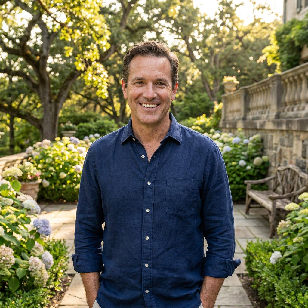 Elegant setting with Heritage Linen Henley in Navy Blue