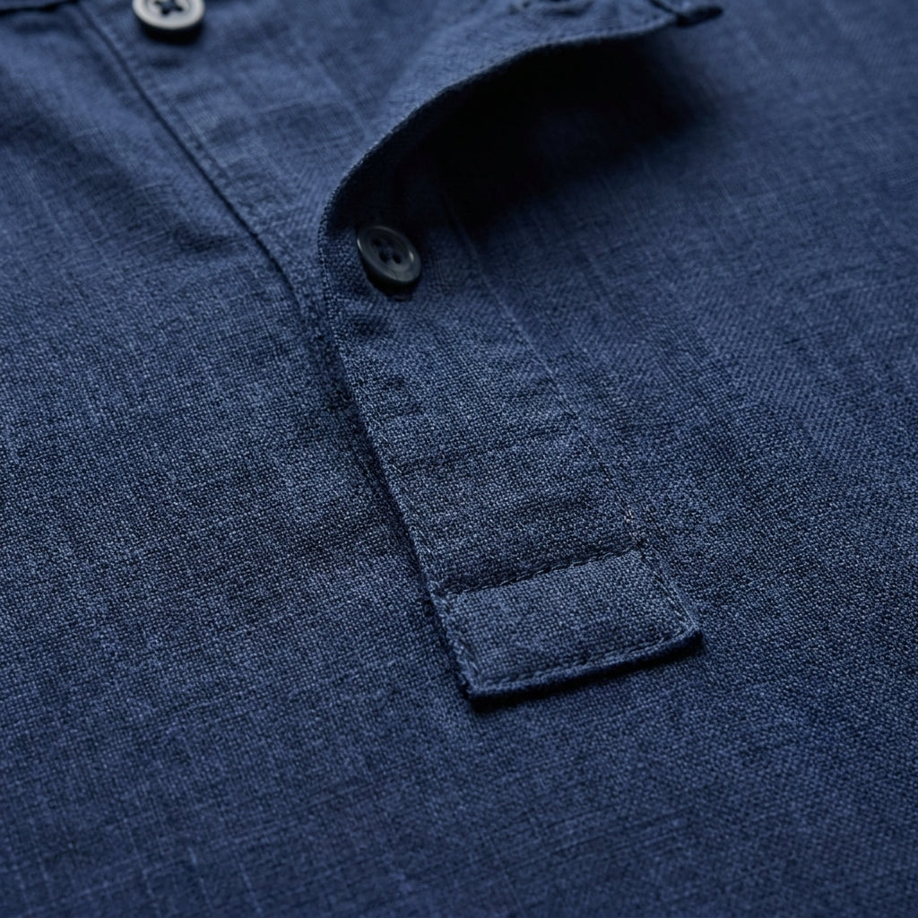 Close-up of fabric and seams of Heritage Linen Henley in Navy Blue