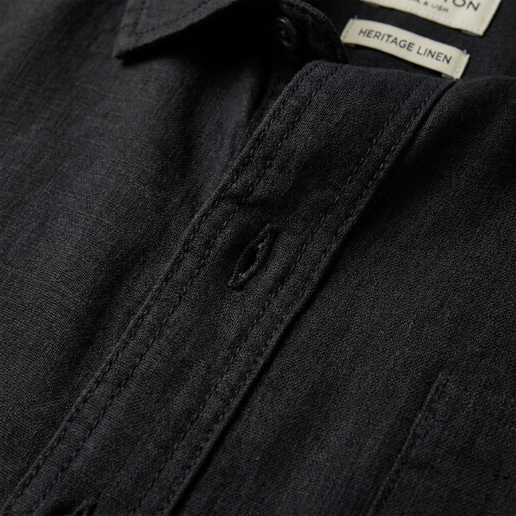 Detailed stitching and fabric texture of Heritage Linen Henley in Black