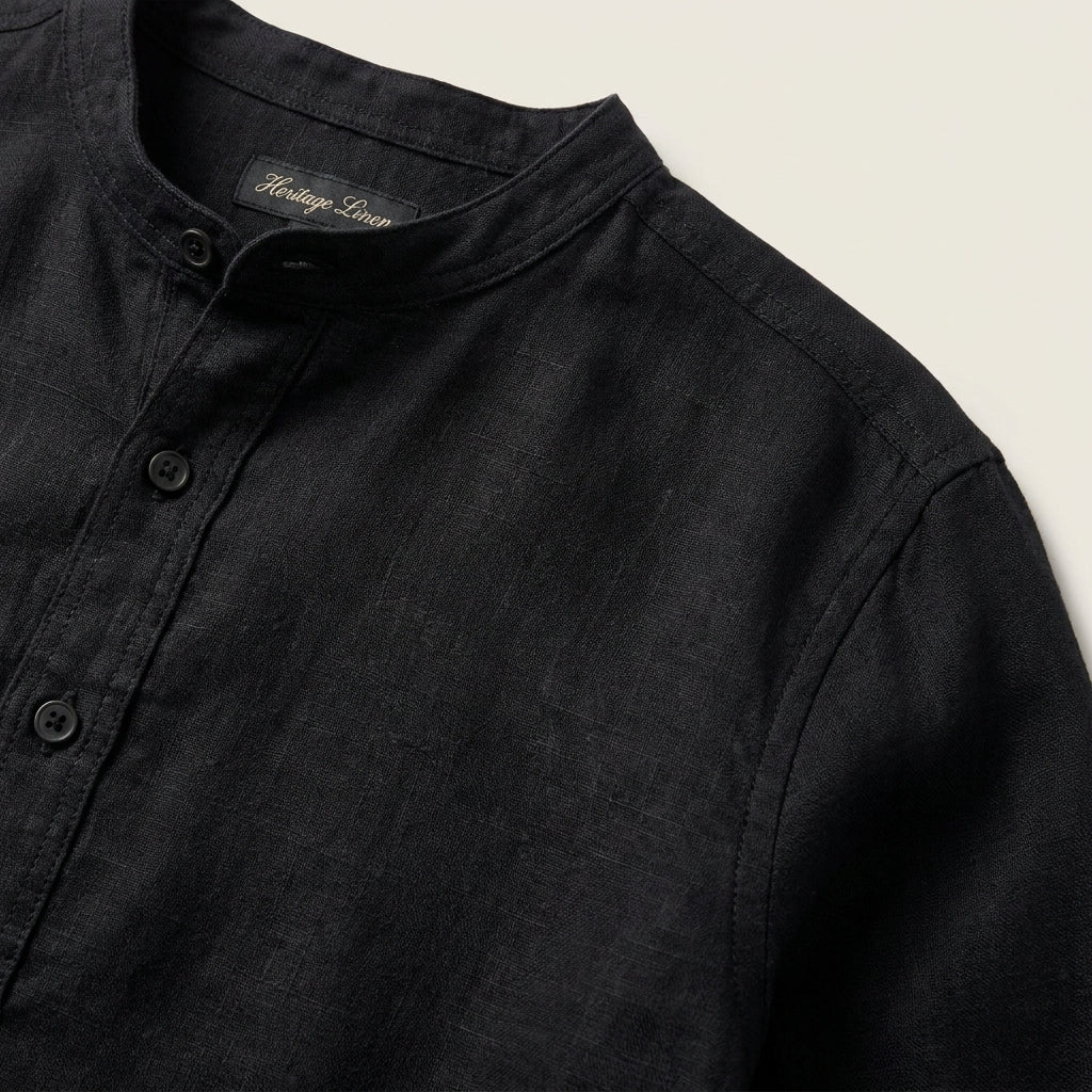 Close-up of fabric and seams of Heritage Linen Henley in Black