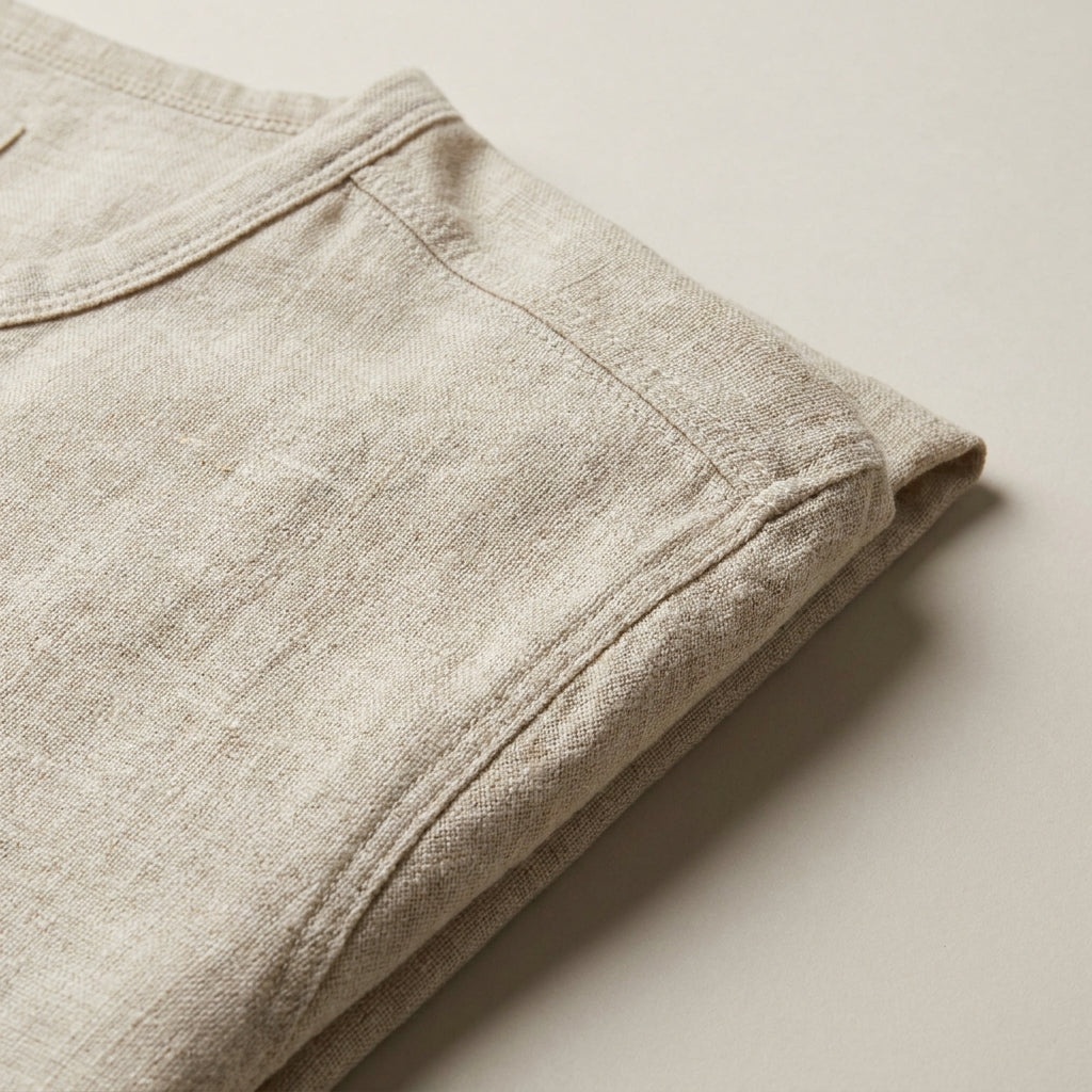 Close-up of fabric and seams of Heritage Linen Henley