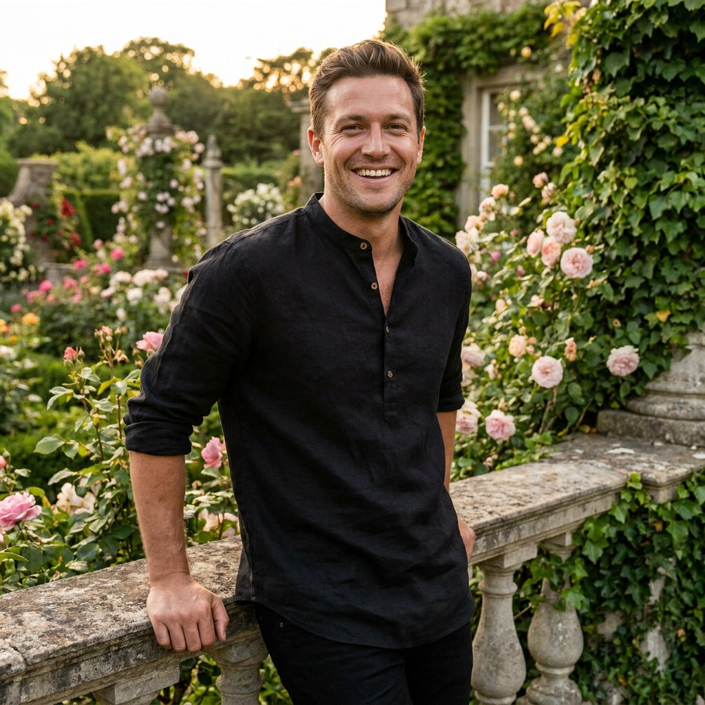 Elegant setting with Heritage Linen Henley in Black