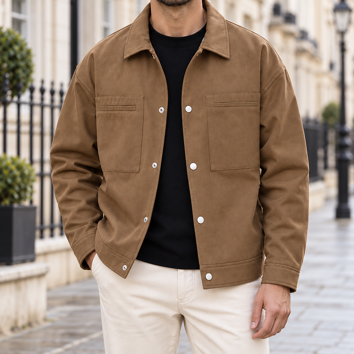 The Langford Overshirt Jacket in Coffee, front view with silver snap fastenings