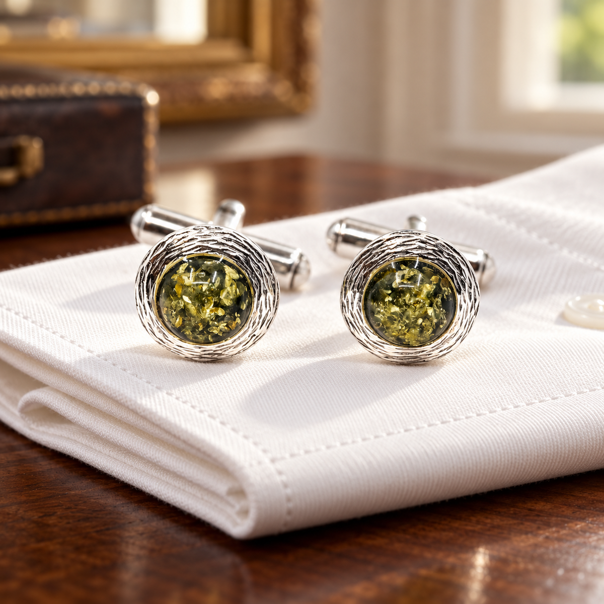 The Whitby Amber Cufflinks in green, with textured silver-tone frames on an ivory shirt cuff