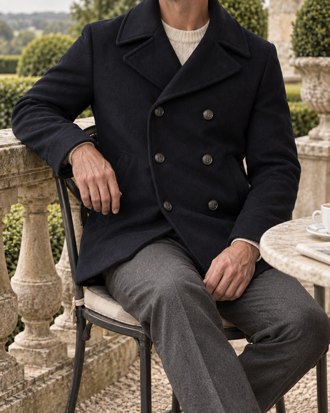The Ascot Double-Breasted Peacoat — Terrace setting