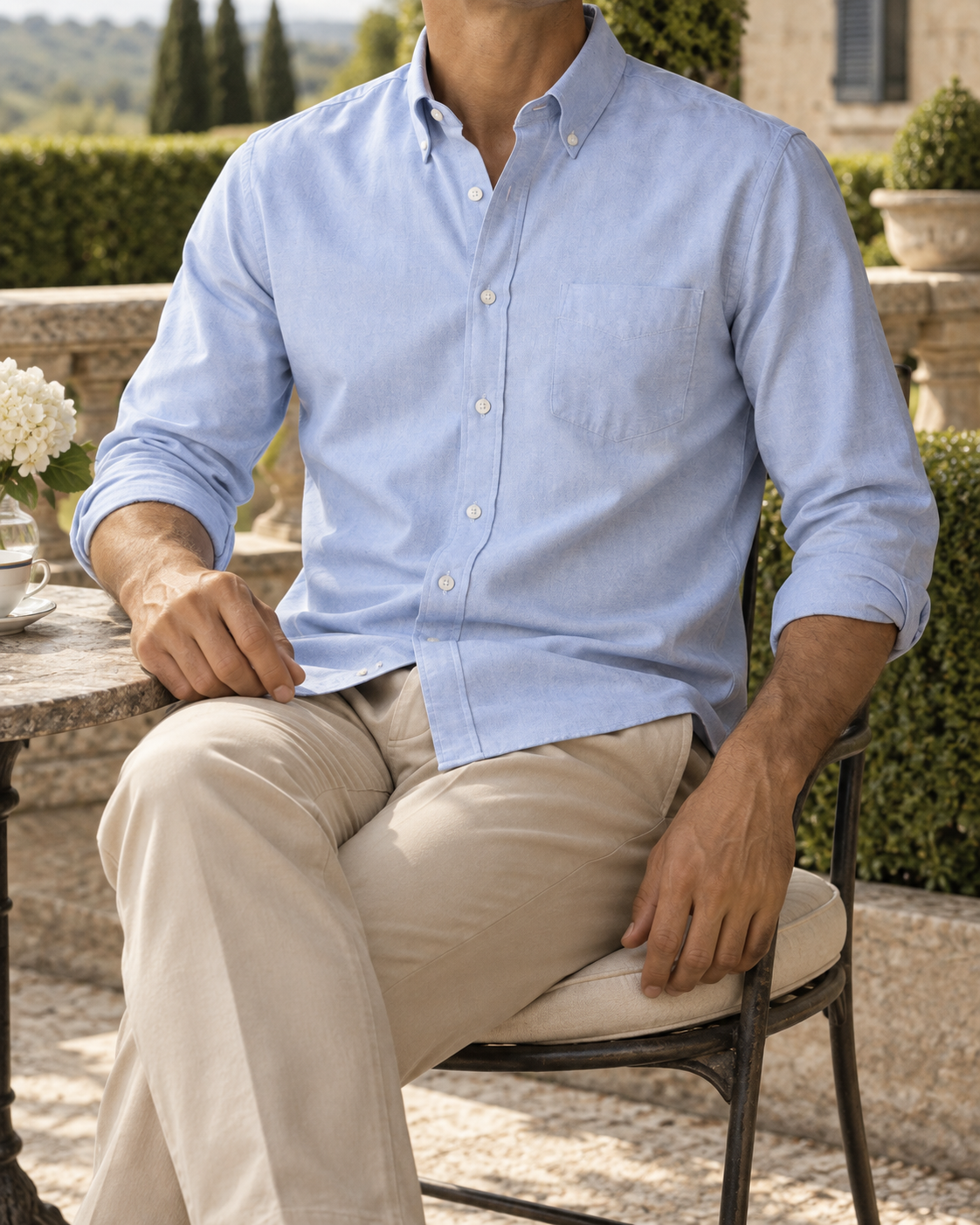 The Oxford Button-Down Shirt — Terrace setting